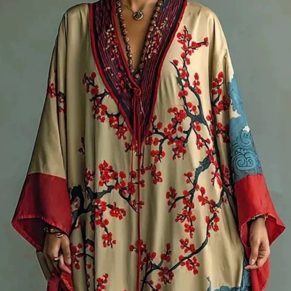 Loose Comfortable Winter Floral Print Robe Flare Sleeve